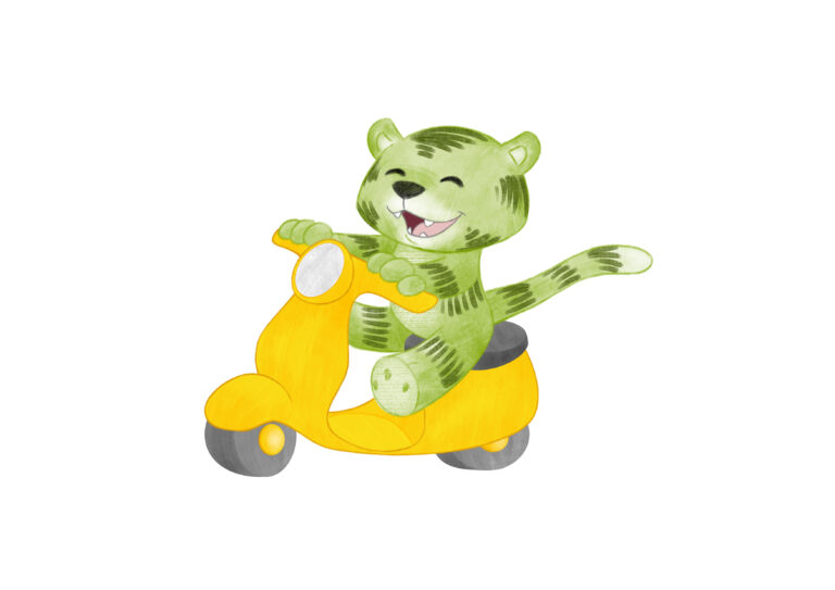 Kleiner grüner Tiger auf Moped