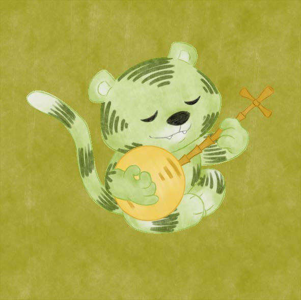 Kleiner grüner Tiger mit Instrument