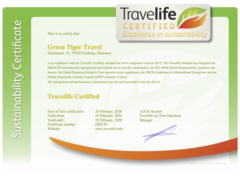 Travelife Nachhaltigkeitszertifikat Green Tiger GmbH